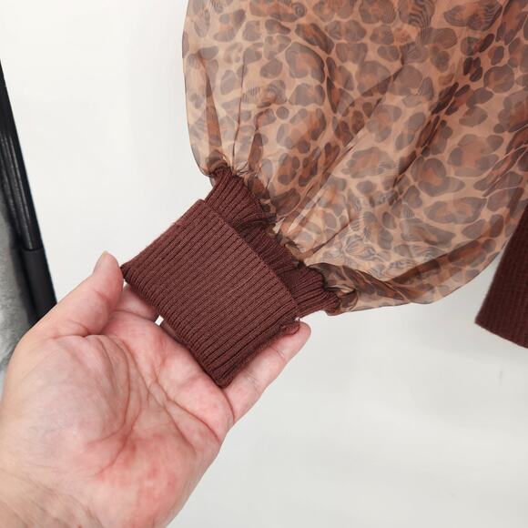 Anthropologie DOLAN Leopard Print Sheer Puff-Sleeve Brown Sweater Women's M - Picture 6 of 11